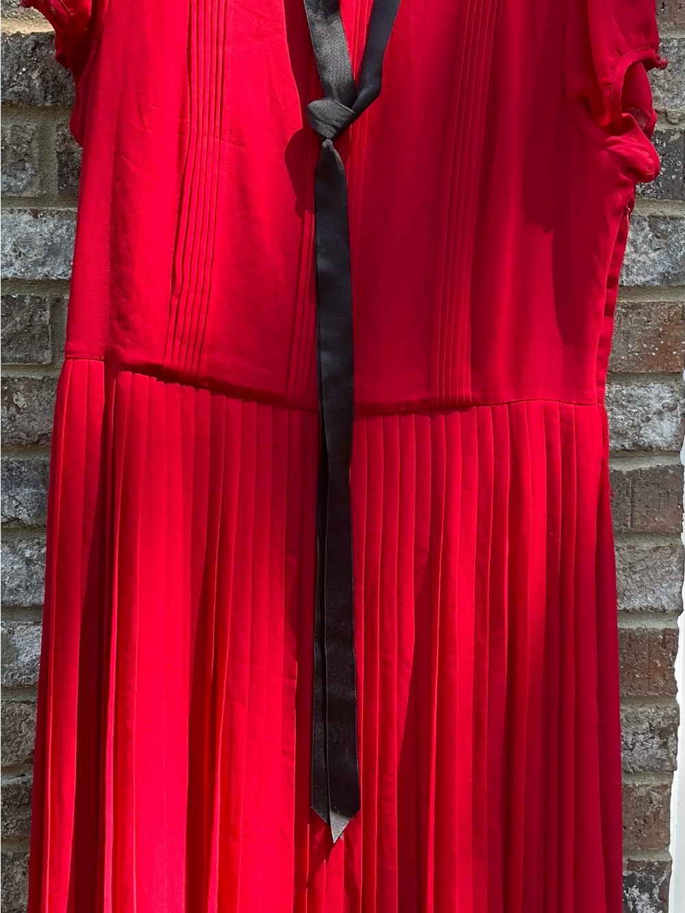 Red Pleated Midi Dress with Black Ribbon Belt